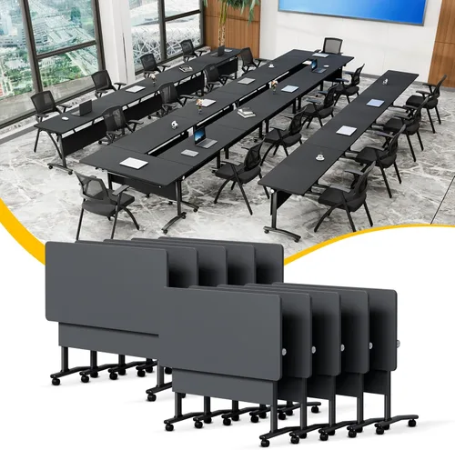 Vista 60 de Mesa de conferencias plegable con ruedas, mesa modular para sala de conferencias con 2 ojales para cables, mesas móviles de sala de reuniones