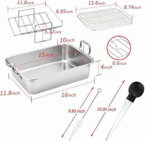Vista 3 de Sartén para asar de acero inoxidable de 15 pulgadas con estante de enfriamiento - Para pavo, pollo, jamón con estante de horneado en forma de V