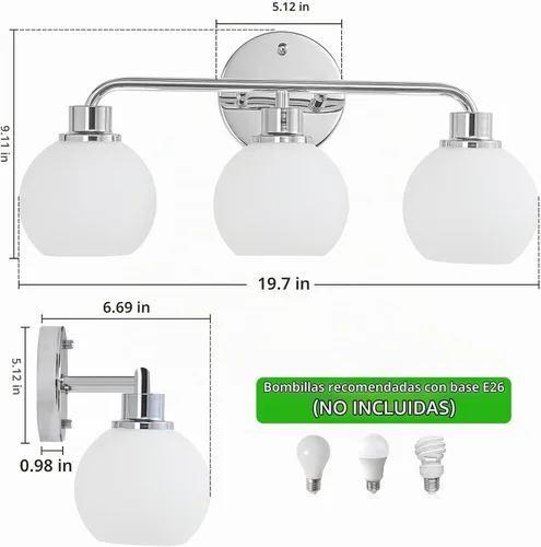 Vista 6 de Lámpara de tocador cromada para baño, 3 luces plateadas Cromado