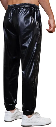 Vista 5 de WULFUL Pantalones deportivos metálicos para hombre, disfraz de discoteca de los años 70, con lentejuelas