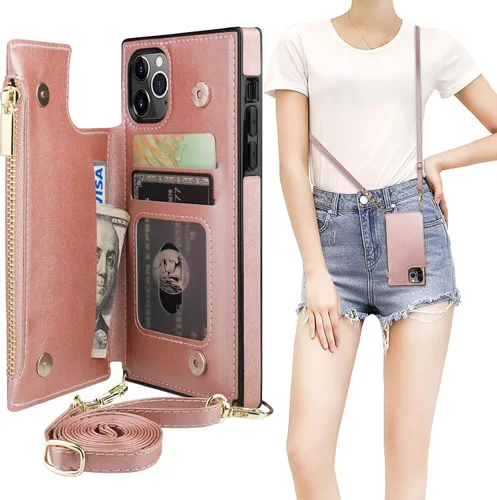 Vista 10 de Bocasal Funda tipo cartera cruzada para iPhone 11 Pro con tarjetero, protector de ranura para tarjetas con cremallera, a prueba de golpes, con Negro