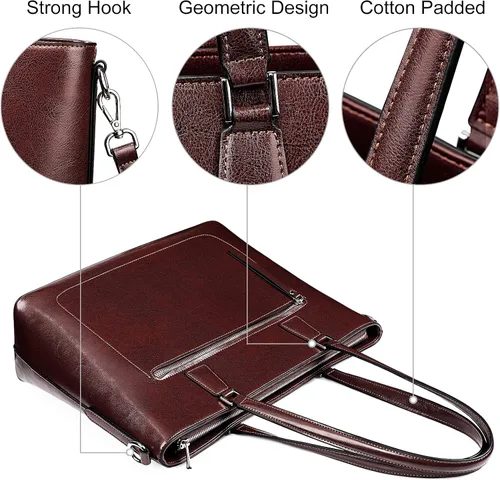 Vista 5 de S-ZONE Bolso de mano de cuero genuino para mujer, maletín vintage, bolso de trabajo, bolso grande de 15.6 pulgadas, L