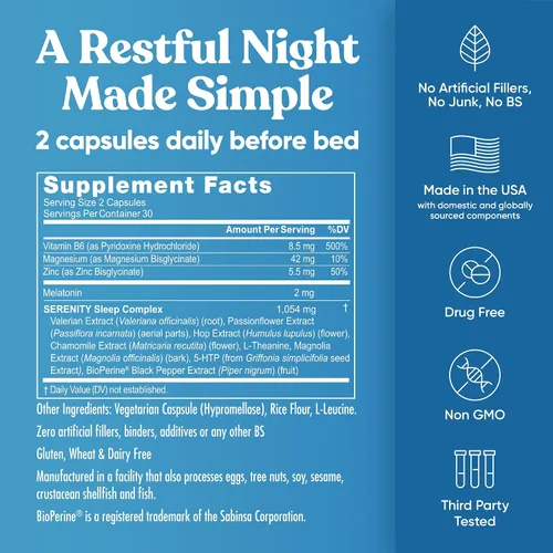 Vista 7 de Serenity Sleep Natural Sleep - Potente mezcla de magnesio, raíz de valeriana y melatonina, ayuda natural para dormir, forma que no forma hábito