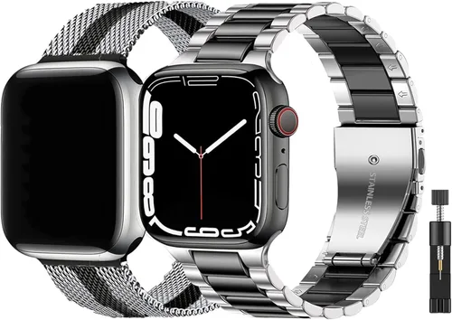 Vista 18 de Paquete de 2 correas de metal compatibles con Apple Watch Band 38/40/41/42/44/45/46/1.929 in, acero inoxidable y malla milanesa para iWatch Band