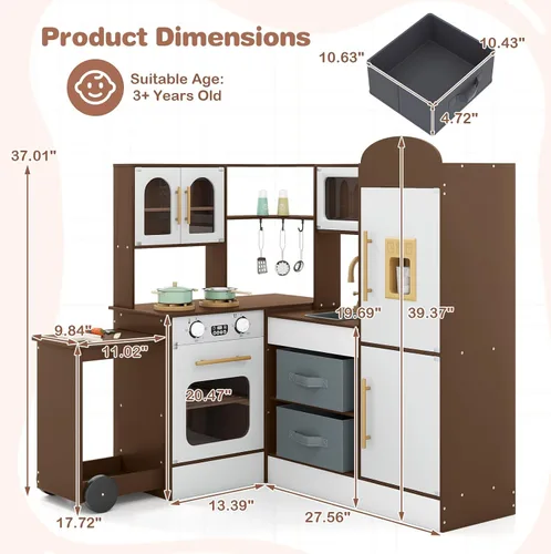 Vista 9 de INFANS Cocina esquinera para niños, juego de madera con carrito telescópico, luces realistas, sonidos, máquina de hielo, cajones de tela, horno