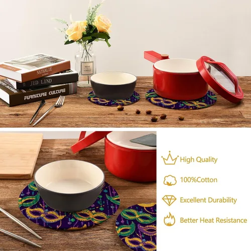 Vista 6 de Boccsty Tapete de salvamanteles de carnaval de Mardi Gras con cuentas de colores, 2 unidades de tejido redondo, para mesa de cocina, protector
