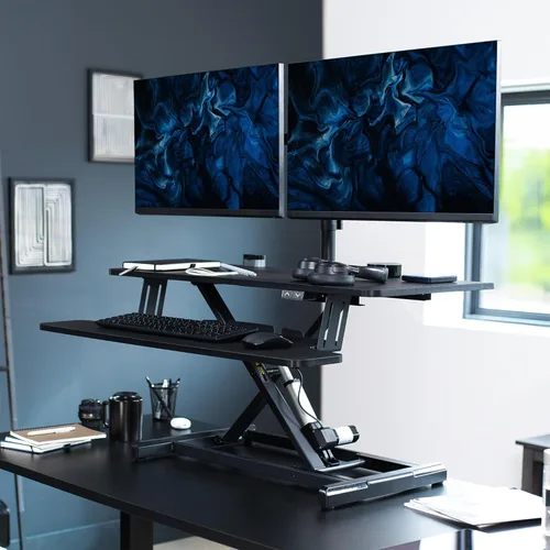 Vista 2 de VIVO DESK-KIT-VE36B2 - Convertidor de escritorio eléctrico de altura ajustable de 36 pulgadas con soporte de monitor dual para pantallas de 13 a 30