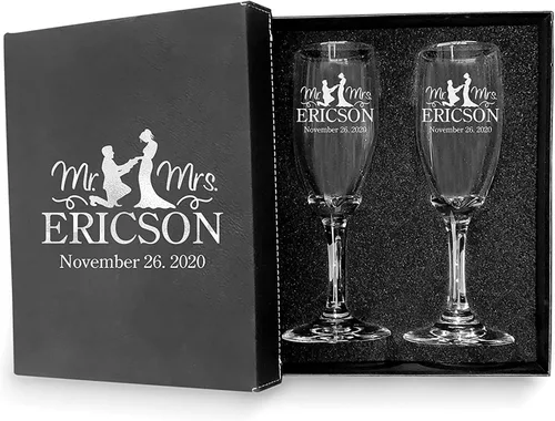 Vista 5 de Juego de 2 copas de champán personalizadas para boda grabadas con caja - Bride & Groom's Wedding Toast