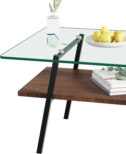 Vista 5 de Mesa de centro moderna rectangular con tapa de vidrio templado con estante de madera para el hogar, sala de estar, oficina, tienda o dormitorio