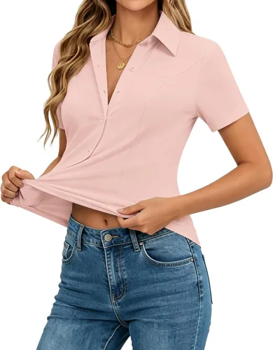 Vista 12 de siliteelon Camisas de manga corta con botones para mujer, camisas de vestir elásticas en 4 direcciones, blusa de trabajo ajustada