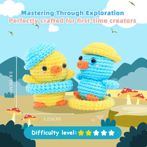 Vista 5 de yes.Sister! Kit de ganchillo de bricolaje para principiantes Juego de pato amarillo y azul Hilo de algodón Tutorial en video e instrucciones