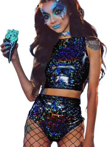 Vista 3 de Women Rave Holographic Bodysuit Mini Two Piece Hologram Metallic Silver for Dance Party Clubwear EDM Festival