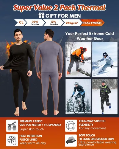 Vista 4 de CL convallaria 2 Pack Long Johns Thermal Underwear for Men Soft Fleece Lined Base Layer Cold Weather Set XS-4XL