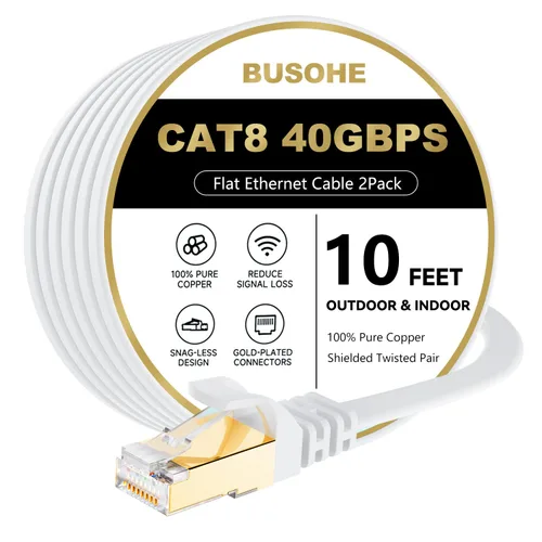 Vista 14 de Cable Ethernet Cat 8 de 1 pie, paquete de 2 unidades, 40 Gbps 2000 MHz, cable plano Cat8 de alta velocidad con conector RJ45 chapado en oro, cable