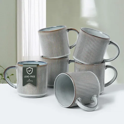 Vista 11 de MONITO - Juego de 4 tazas de café de 16 onzas, juego de tazas de café rústicas de cerámica con asa Vintage Striped Stoneware Large Coffee Mugs for