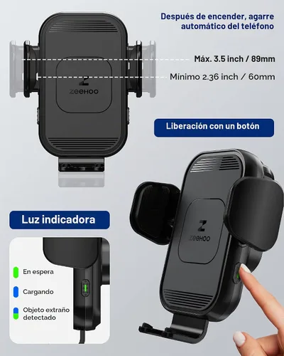 Vista 3 de ZeeHoo Cargador inalámbrico para automóvil, carga rápida de 15 W, soporte de teléfono de auto con sujeción automática, cargador de teléfono celular