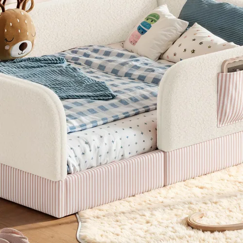 Vista 6 de Queen Teddy Floor Bed with Safety Rails Storage Pocket，Beige- Q：Queen