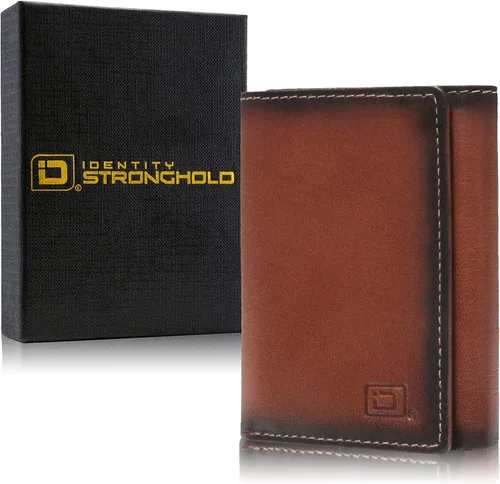Vista 4 de Billetera triple con bloqueo RFID para hombre, piel auténtica de búfalo, marrón, (Antiqued Brown), Cartera RFID