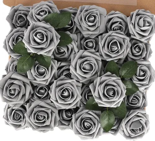 Vista 47 de MACTING 30 PCS Flores Artificiales Rosas Negras y Blancas Flores Falsas con Tallo Rosas de Espuma de Tacto Real para Boda Bola de Besos Ramillete