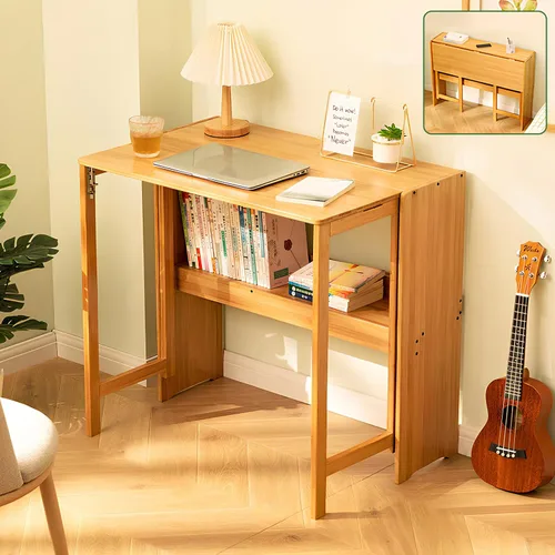 Vista 12 de Escritorio plegable de bambú, escritorios plegables para espacios pequeños, escritorio pequeño de mediados de siglo con estantería para computadora
