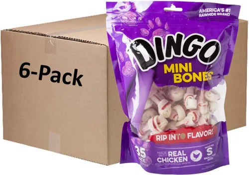 Vista 10 de Dingo 95014 Mini Bones, cuero crudo para perros pequeños, de juguete, rojo, 14 unidades Long-Lasting Rawhide With Real Chicken Provides Protein