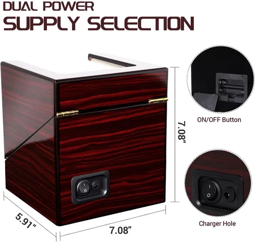 Vista 6 de Uten Caja automática para reloj de madera, caja de almacenamiento de reloj de lujo, enrollador de reloj doble con motor silencioso, 4 modos
