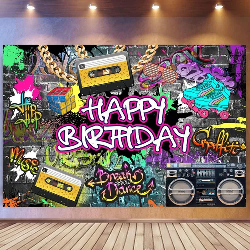 Vista 5 de Withu Graffiti - Telón de fondo de cumpleaños de los años 80 y 90, arte urbano retro, pared de ladrillo, hip-hop, rock, neón, fondo de fotos
