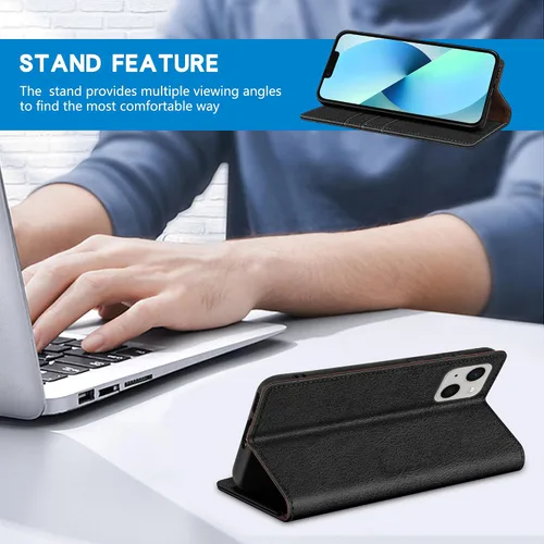 Vista 4 de ZZXX Funda tipo cartera para iPhone 13 con bloqueo RFID, soporte de ranura para tarjetas, funda protectora de cuero magnético fuerte plegable