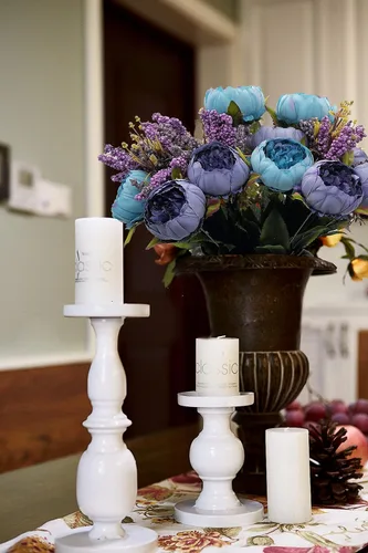 Vista 5 de 1 ramo de peonía artificial, racimo de peonía de seda de 19 pulgadas con 7 flores sintéticas, flores artificiales de estilo clásico con hojas y Azul