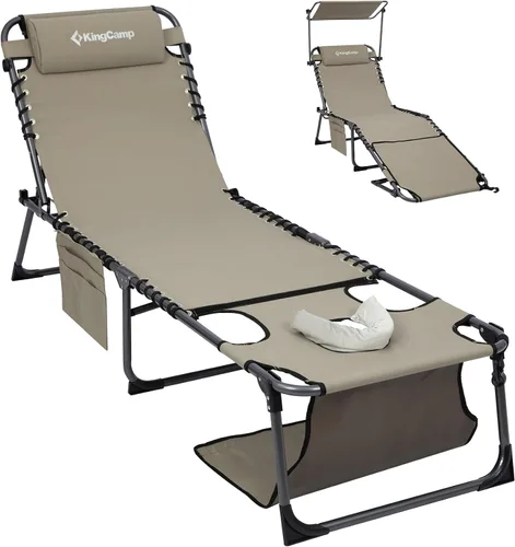 Vista 11 de [Usado] KingCamp Tumbona plegable, resistente y ajustable, 5 posiciones, para tomar el sol, para tomar el sol, silla plana para playa, campamento