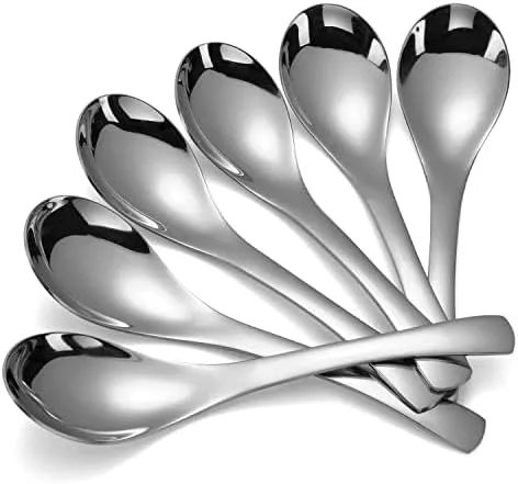 Vista 10 de Juego de 6 cucharas de mesa redondas de acero inoxidable con espejo pulido de plata para ramen