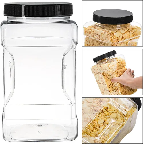 Vista 3 de Lawei Paquete de 3 tarros cuadrados de plástico transparente, recipientes de almacenamiento de boca ancha de 98 onzas con tapas de rosca, tarros