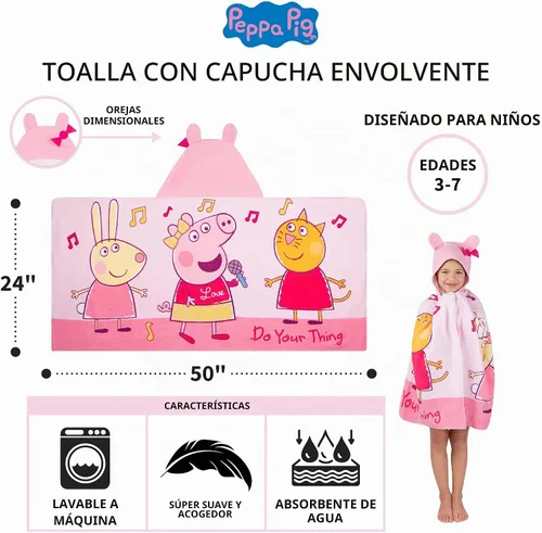 Vista 4 de Franco Peppa Pig - Toalla de rizo de algodón suave con capucha para niños, para baño/piscina/playa, 24 x 50 pulgadas, grande