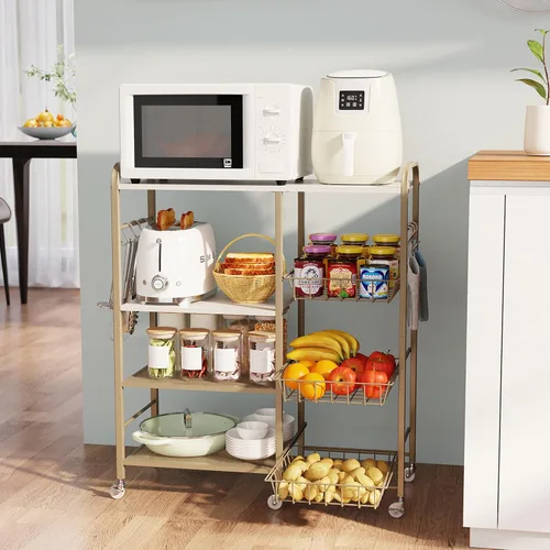 Vista 14 de HapiRm - Carrito rodante de cocina con microondas de 4 niveles - Soporte de mesa para microondas con cestas extraíbles, estante de almacenamiento