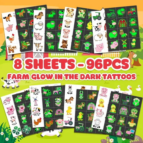 Vista 3 de 96 tatuajes temporales de animales de granja brillantes Pegatinas luminosas de tractor de granja para niños, recuerdos y decoraciones de fiesta