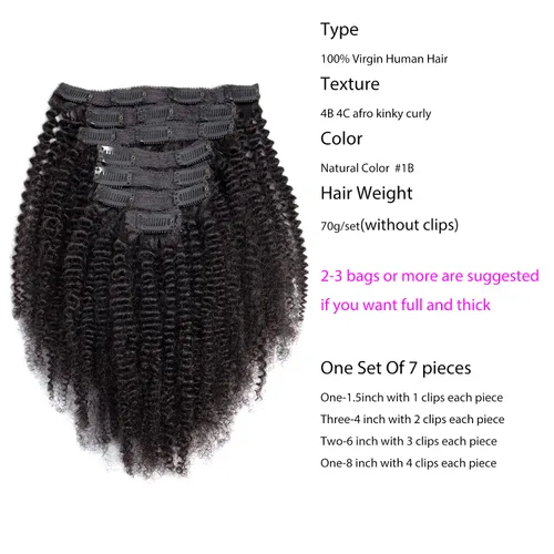 Vista 4 de Extensiones de cabello humano afro rizado con clip, 4B 4C, afro, rizado, 7 unidades, extensiones de cabello rizado tipo afro para mujeres negras