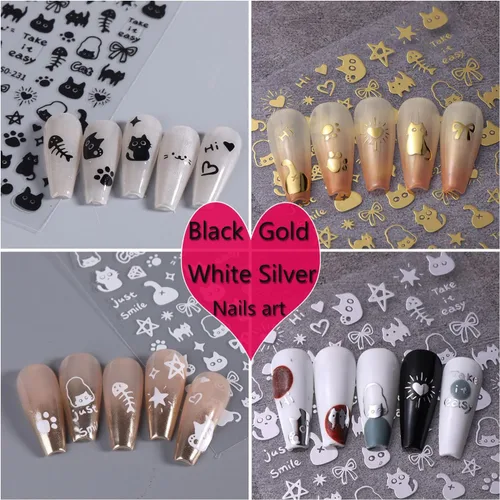 Vista 5 de Calcomanías de uñas de gato, 8 hojas de calcomanías autoadhesivas 3D con diseño de gato dorado, plateado, negro, blanco, para niños, niñas, mujeres