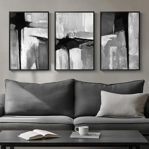 Vista 27 de Arte de pared abstracto moderno enmarcado en blanco y negro, 3 piezas de impresiones en lienzo pinturas obras de arte para paredes, cuadros Negro