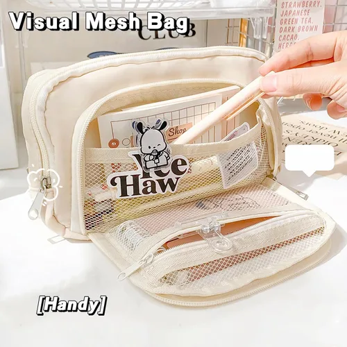 Vista 4 de LSLSHY Estuche grande de tres capas con cremallera para lápices, suministros de papelería para adolescentes, niñas, niños y estudiantes (beige)