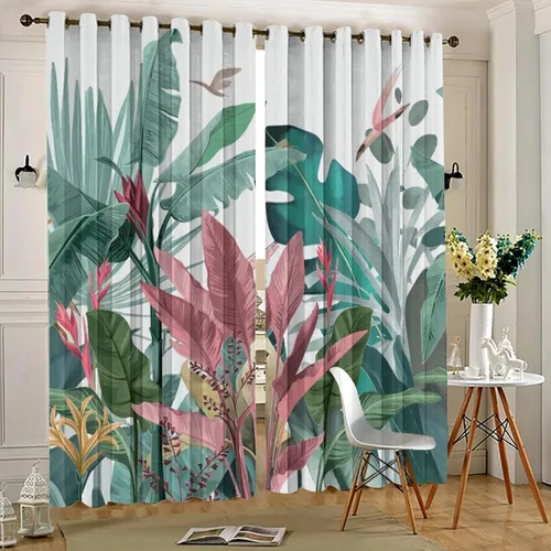 Vista 5 de Cortinas abstractas de hojas tropicales, acuarela tropical, hojas de palma, verano hawaiano, plátano, aislamiento térmico, cortinas completas
