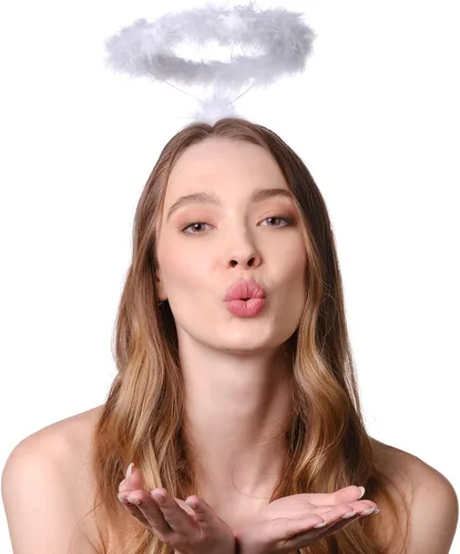 Vista 4 de Funcredible Diadema con halo de ángel blanco, halo emplumado, diadema de Halloween, accesorio de disfraz de ángel, para mujeres, hombres y niños