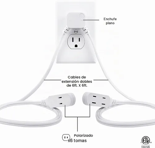 Vista 2 de Cable de extensión de 6 pies, 3, enchufe plano, 2 puntas, calibre 16, cubierta de salida de seguridad, clasificación interior, perfecto