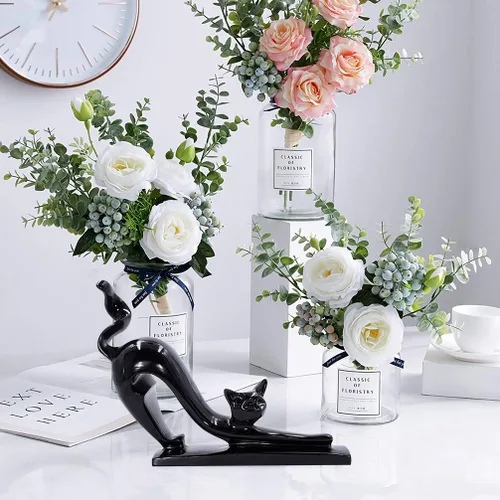 Vista 3 de DreamsEden Linda estatua de gato negro – Escultura de arte moderno de resina de animales para decoración de estantes de sala de estar