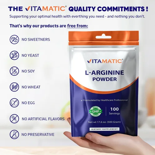 Vista 6 de Vitamatic L-Arginina - Polvo puro de 17.64 oz Sin sabor Sin OMG Sin gluten Sin aditivos 5000 mg por porción 100 porciones