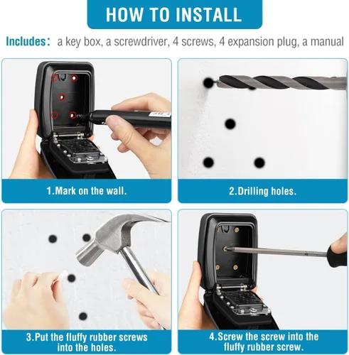 Vista 6 de BKNOOU Caja de bloqueo de llave de pared con código, caja de bloqueo de llave para exterior, caja de seguridad impermeable extra grande para llaves