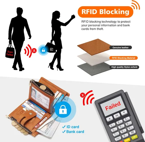Vista 3 de Cartera con cadena, monedero de cuero genuino con bloqueo RFID, doble cremallera, bolsillo para monedas con cadena antirrobo, carteras de cadena a