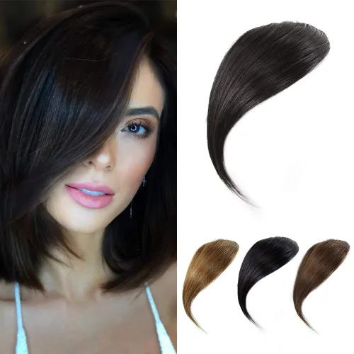 Vista 12 de Flequillo lateral con clip en cabello humano real natural con clip en flequillo lateral, extensiones de cabello lacio con flecos (rubio/613#)