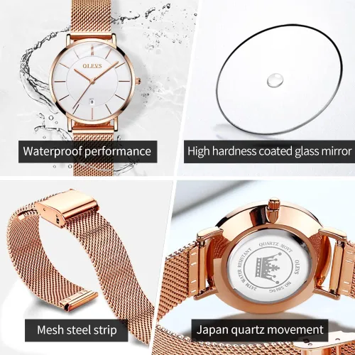 Vista 3 de OLEVS Reloj de regalo para mujer con pulsera de oro rosa para mujer minimalista simple delgado casual analógico de cuarzo impermeable dos tonos