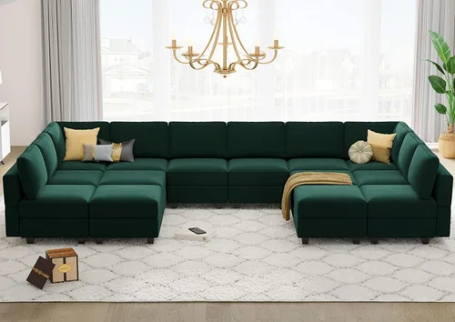 Vista 5 de Belffin Sofá modular modular de gran tamaño con tumbonas dobles en forma de U, sofá seccional reversible con almacenamiento de terciopelo verde