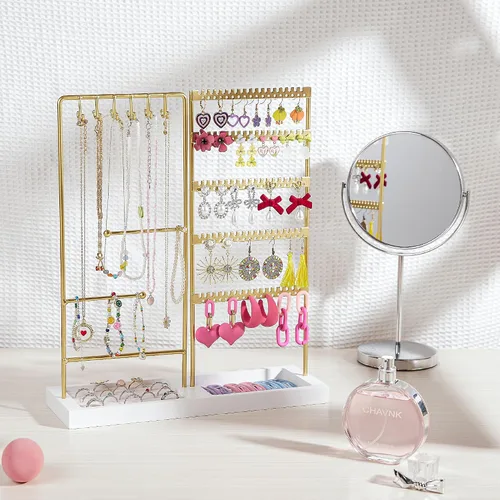 Vista 2 de Vtopmart Soporte organizador de joyas para aretes, collares, anillos, pulseras, exhibición y almacenamiento, con 90 agujeros, 12 ganchos, bandeja